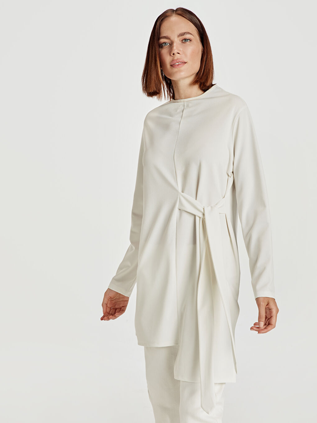 Ekru Bisiklet Yaka Krep Kadın Tunik-1