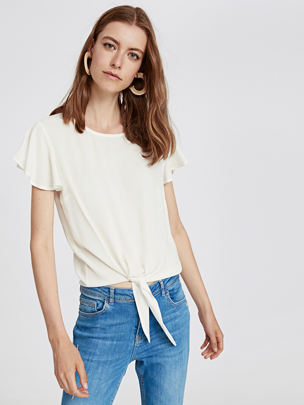 Blouse Pour Femmes À Manches Courtes Et Col Ras Du Cou Avec Nœud Sur Le Devant-1