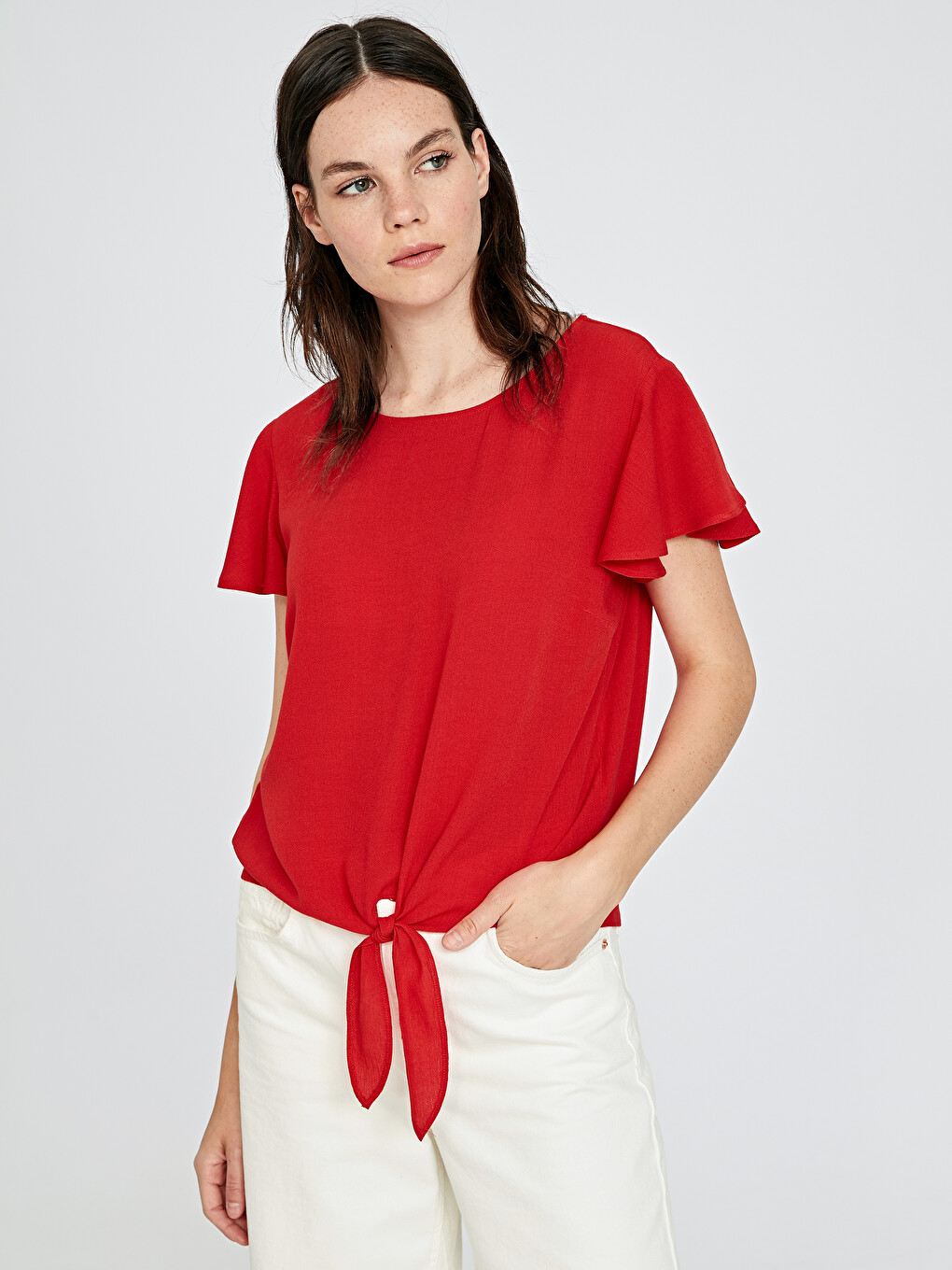 Crew Neck Short Sleeve Tie Front Women's Blouse