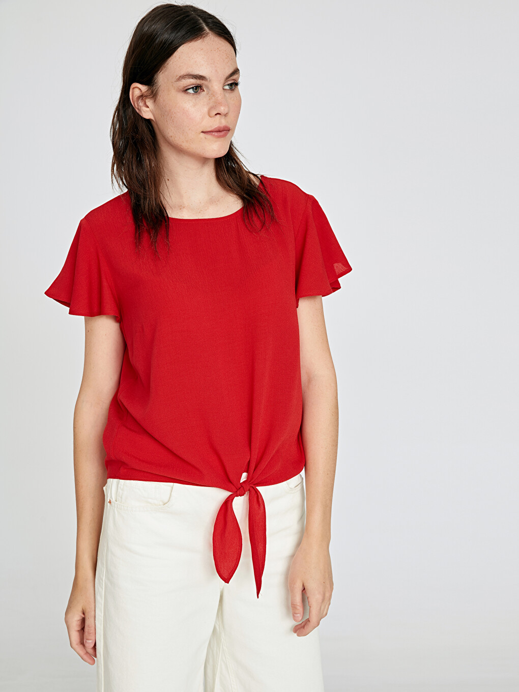 Crew Neck Short Sleeve Tie Front Women's Blouse-1