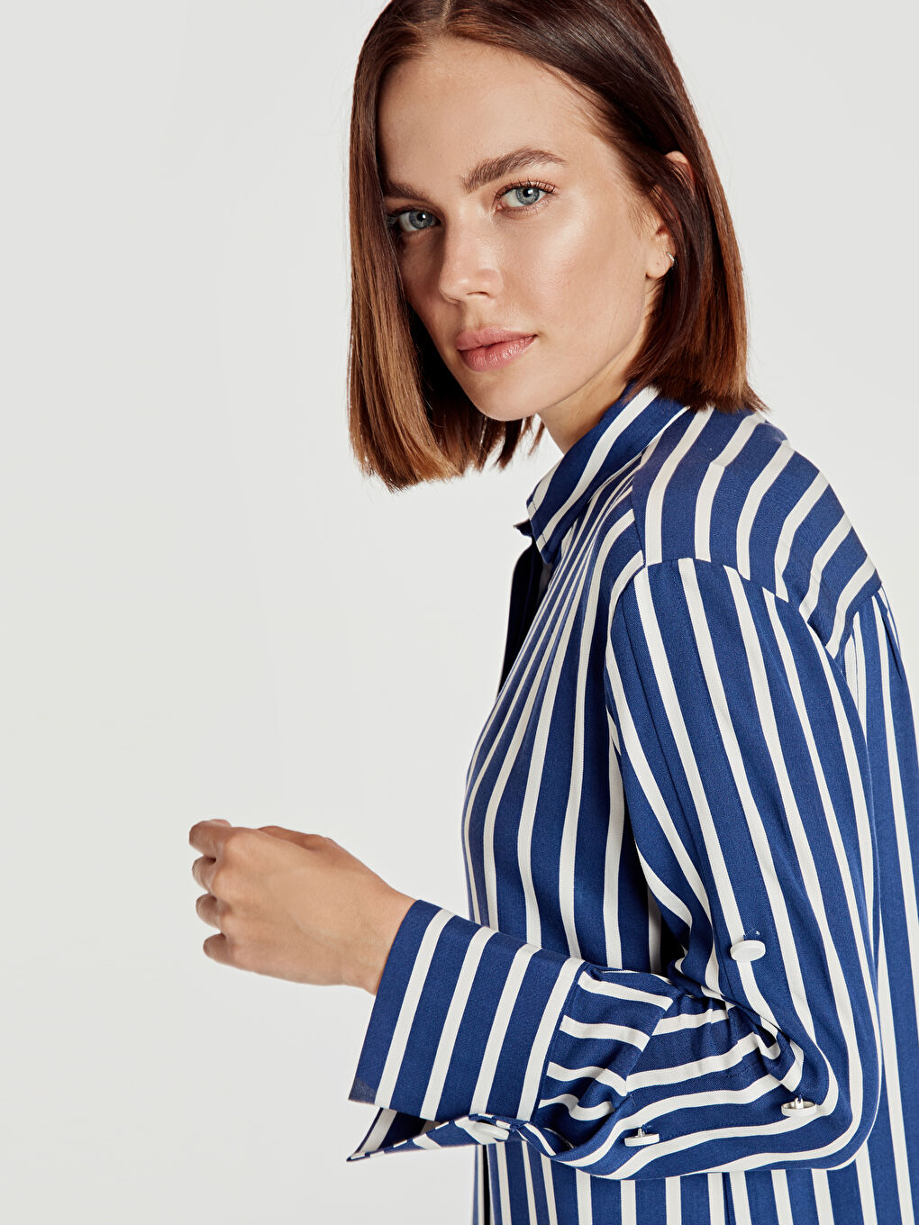 Mavi Uzun Kollu Kadın Gömlek Elbise-2