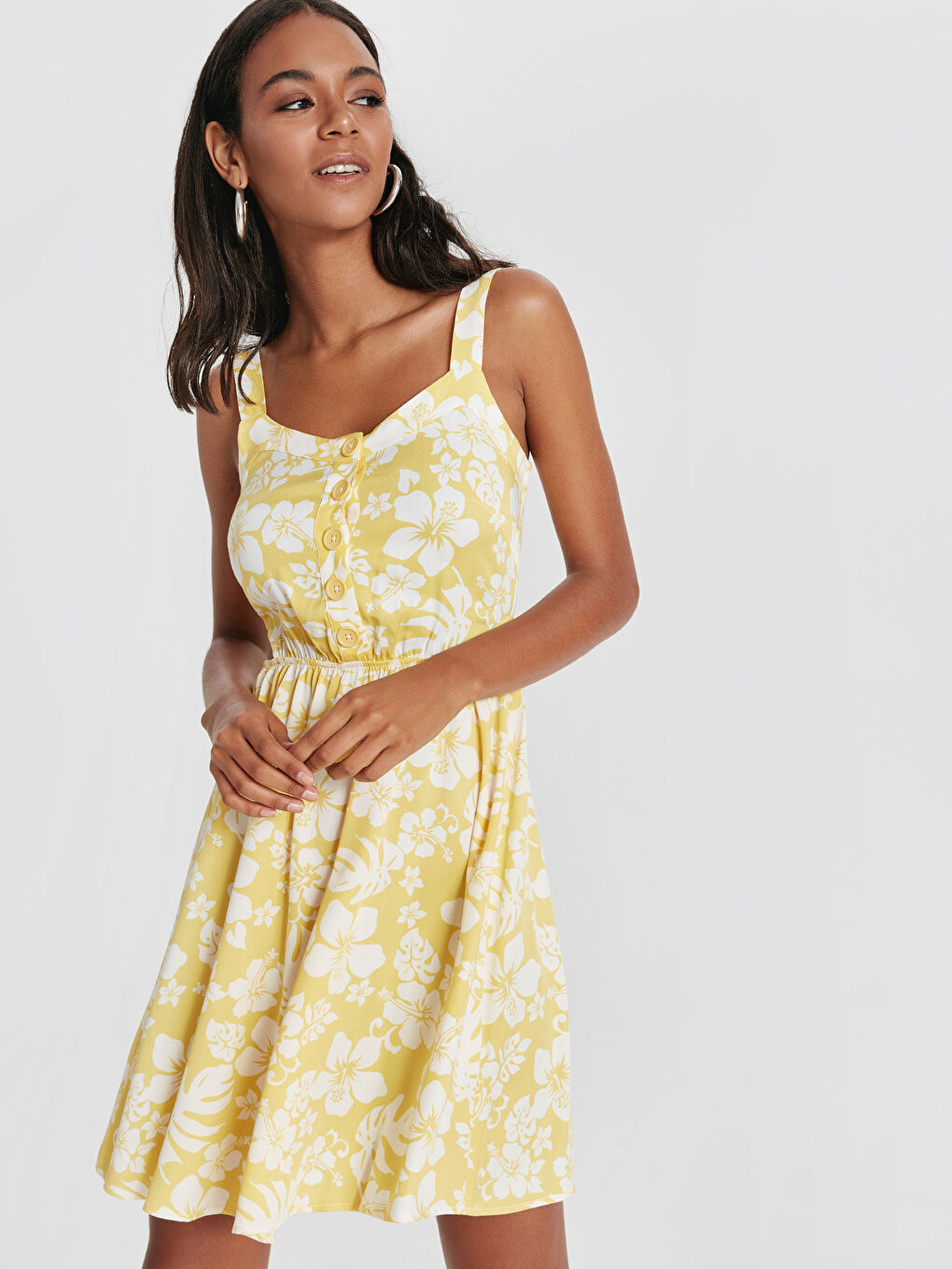 Sarı V Yaka Askılı Kadın Elbise