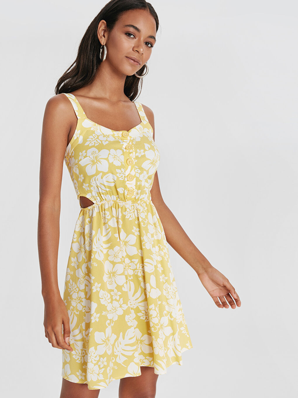 Sarı V Yaka Askılı Kadın Elbise-1