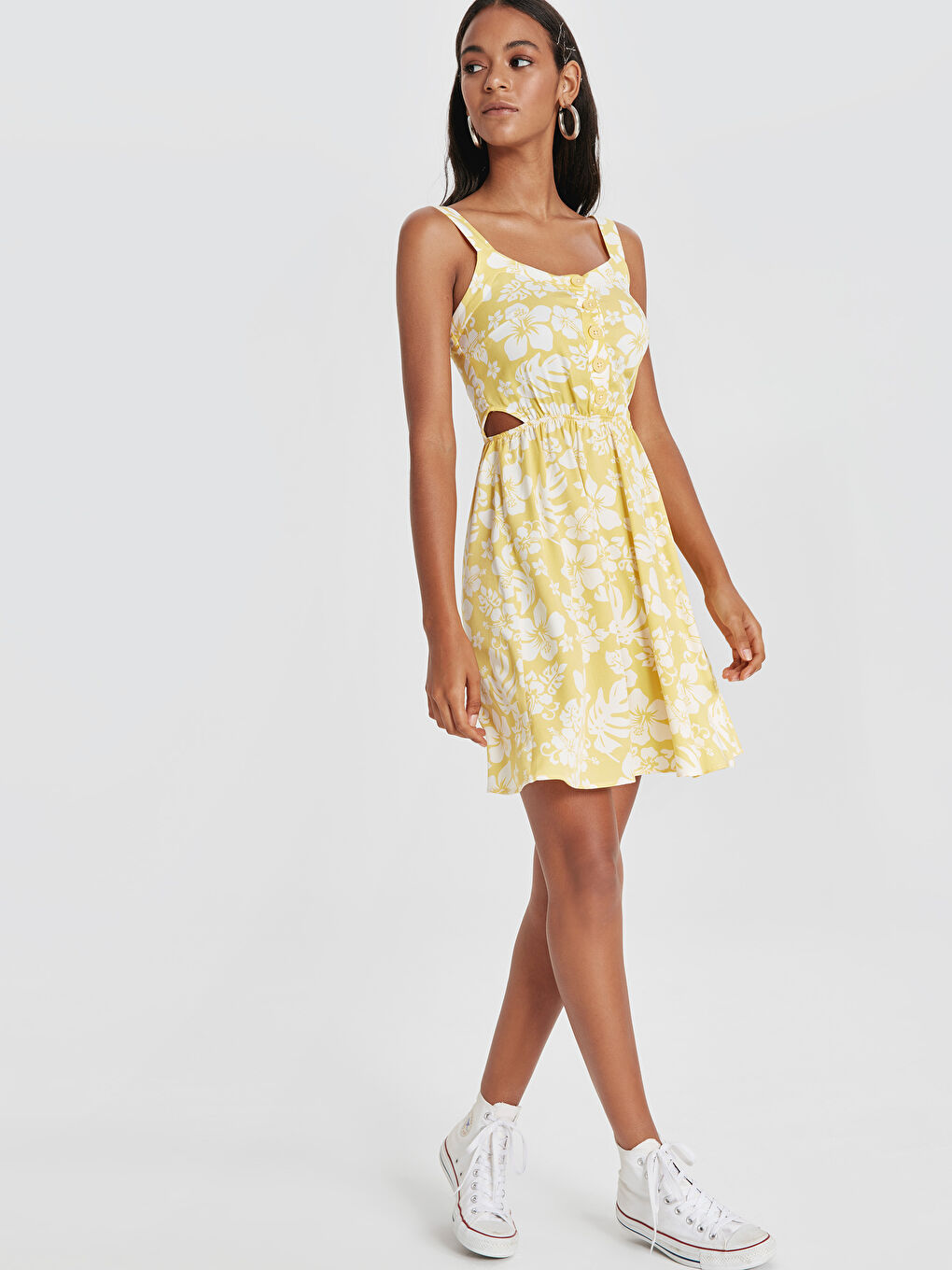 Sarı V Yaka Askılı Kadın Elbise-2