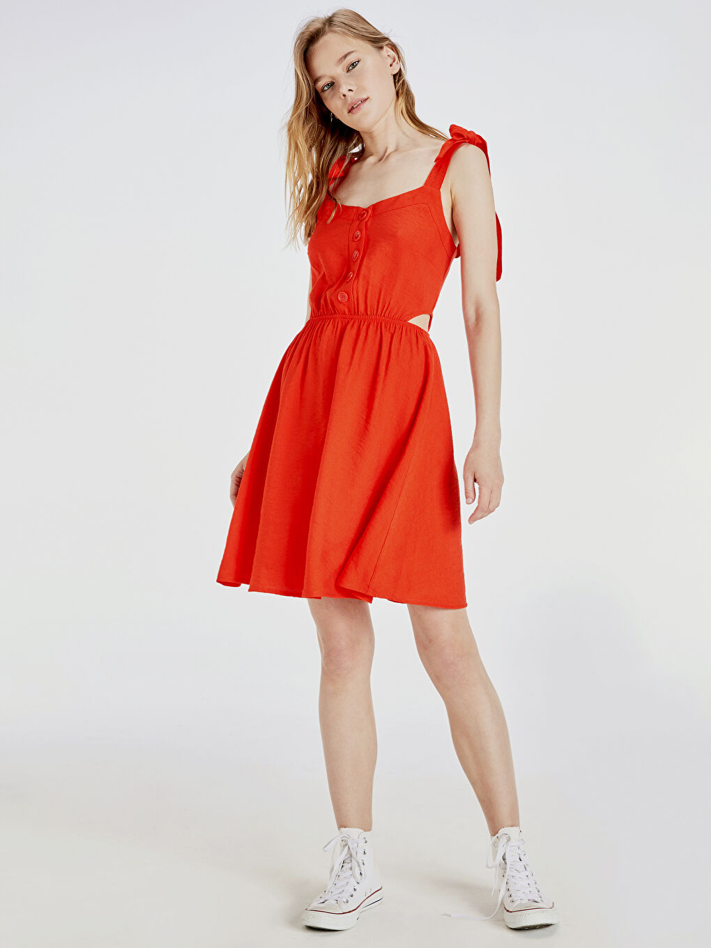 Turuncu U Yaka Askılı Kadın Elbise-1