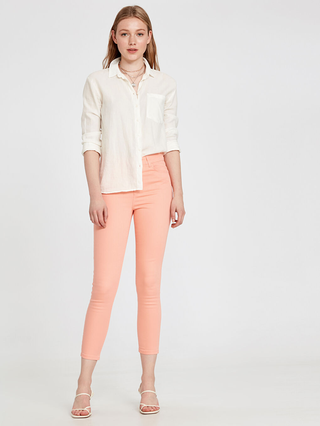 Turuncu Ekstra Dar Fit Gabardin Kadın Pantolon-1