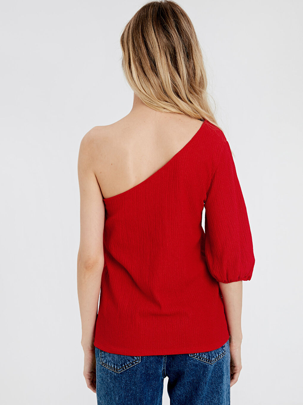 Kırmızı Tek Omuz Kısa Kollu Viskon Kadın Bluz-2