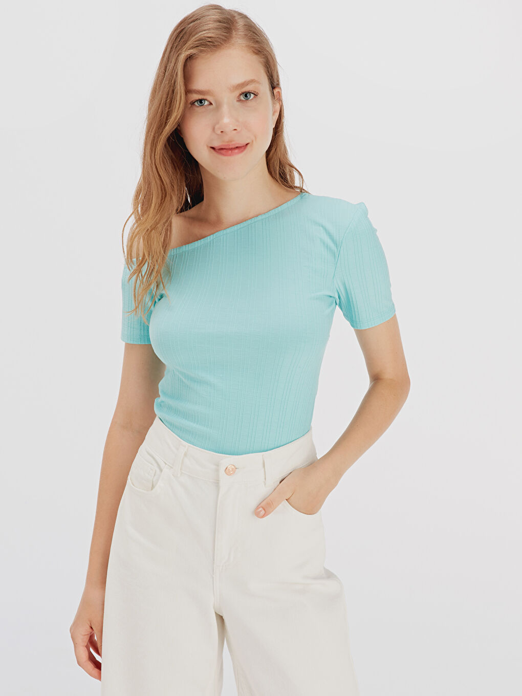 LCW Vision One Shoulder Low Short Sleeve Shirts Women's Flexible -9ST524Z8-KXX