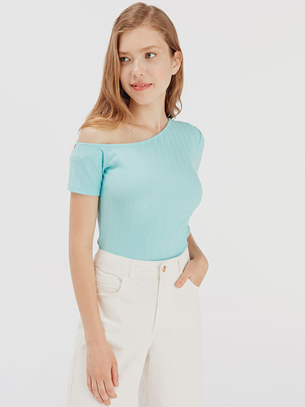 LCW Vision One Shoulder Low Short Sleeve Shirts Women's Flexible -9ST524Z8-KXX