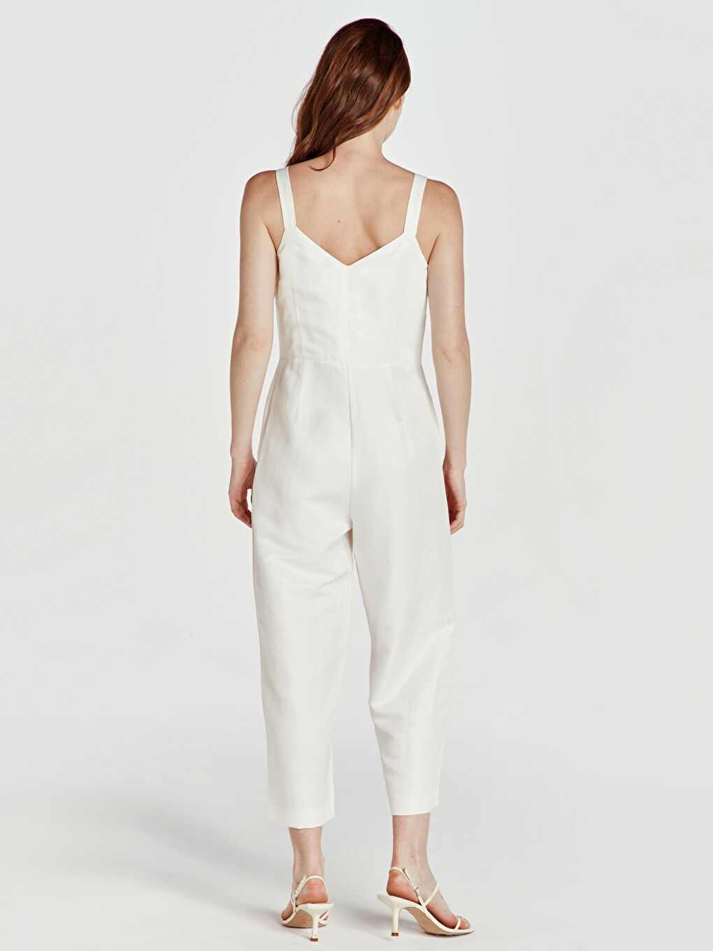 Beyaz Kadın Kayık Yaka Kolsuz Tulum-2