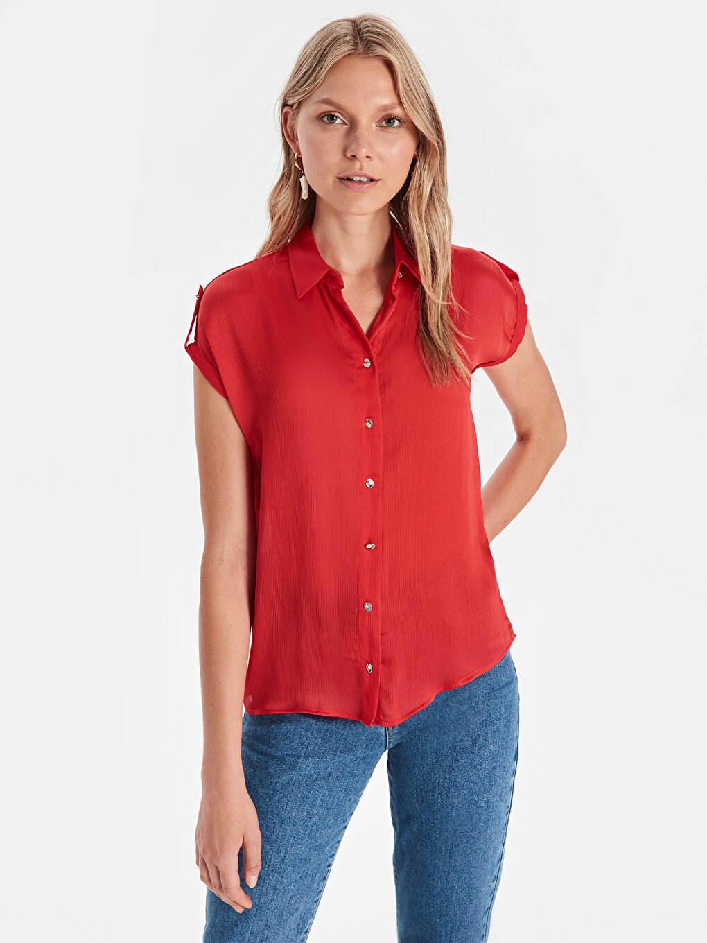 Kırmızı Düz Kısa Kollu Kadın Gömlek