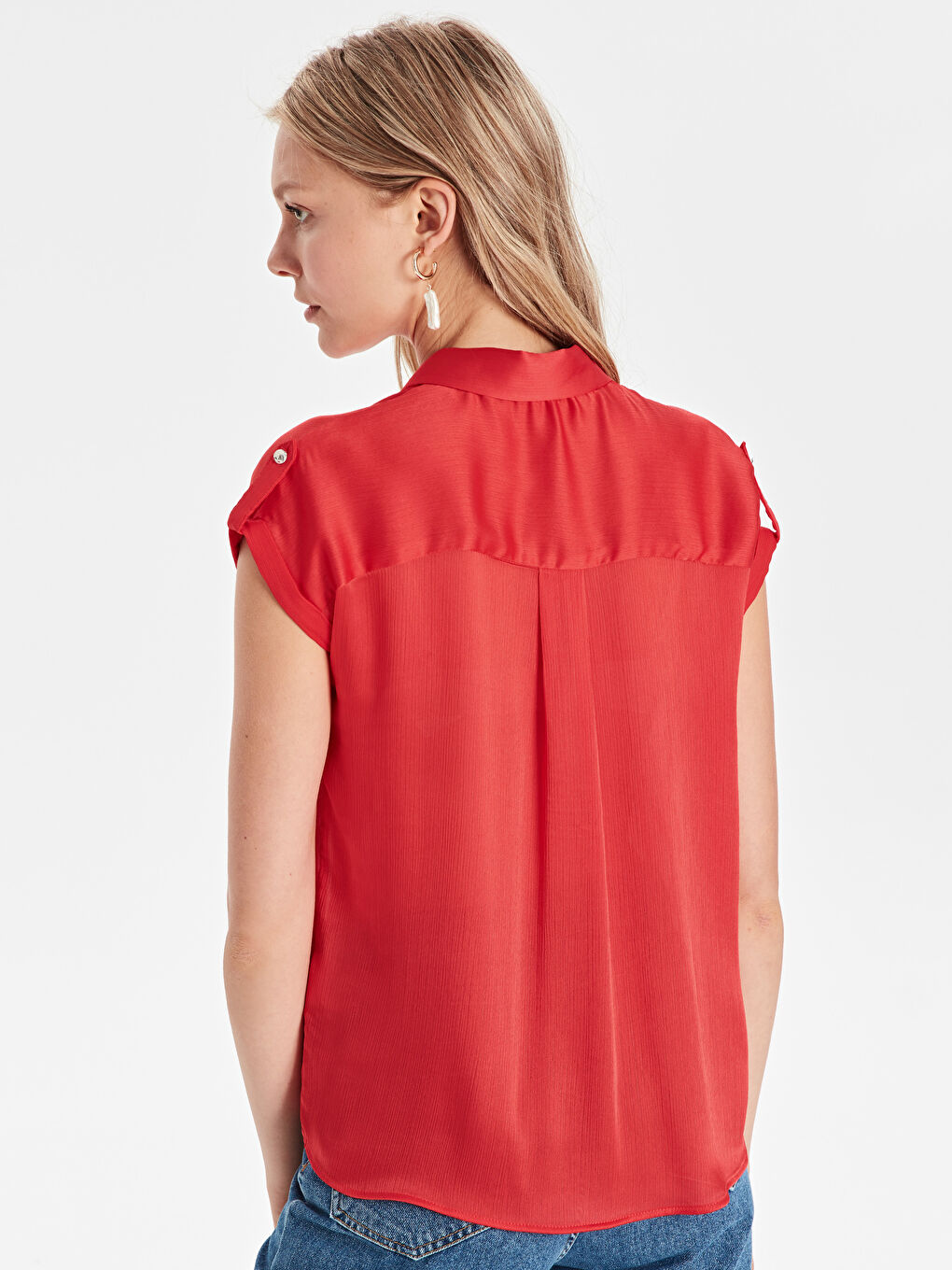 Kırmızı Düz Kısa Kollu Kadın Gömlek-2