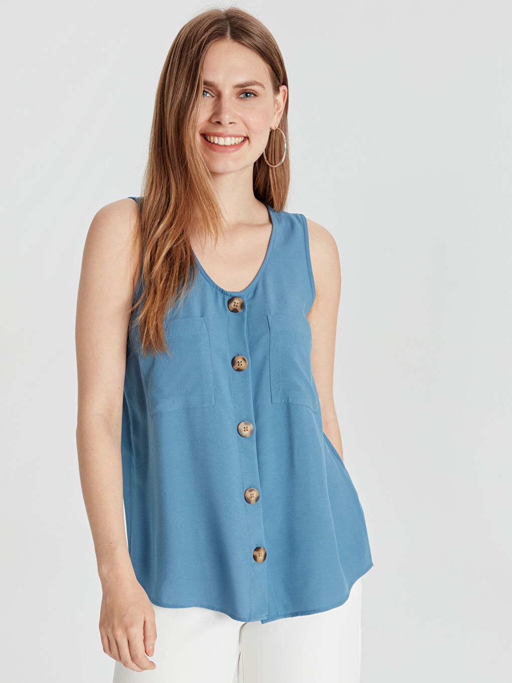 İndigo Kadın V Yaka Kolsuz Gömlek