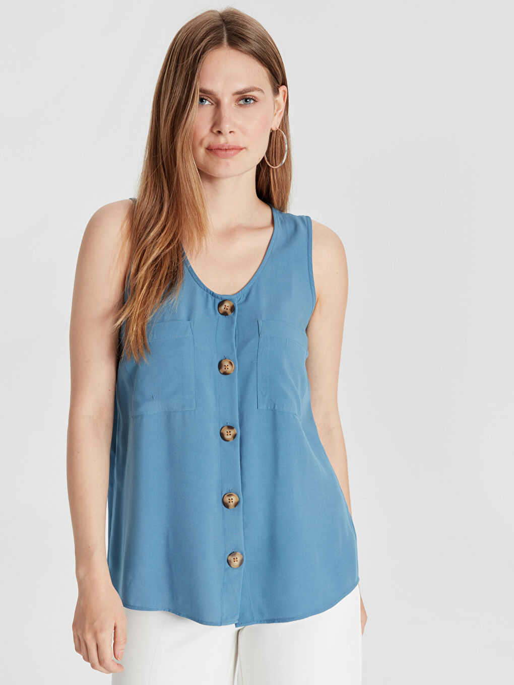 İndigo Kadın V Yaka Kolsuz Gömlek-1