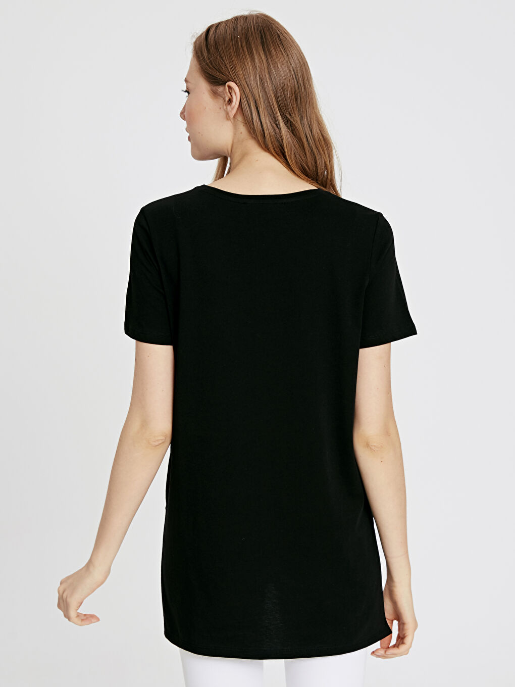 Siyah Bisiklet Yaka Kısa Kollu Kadın Tişört-2