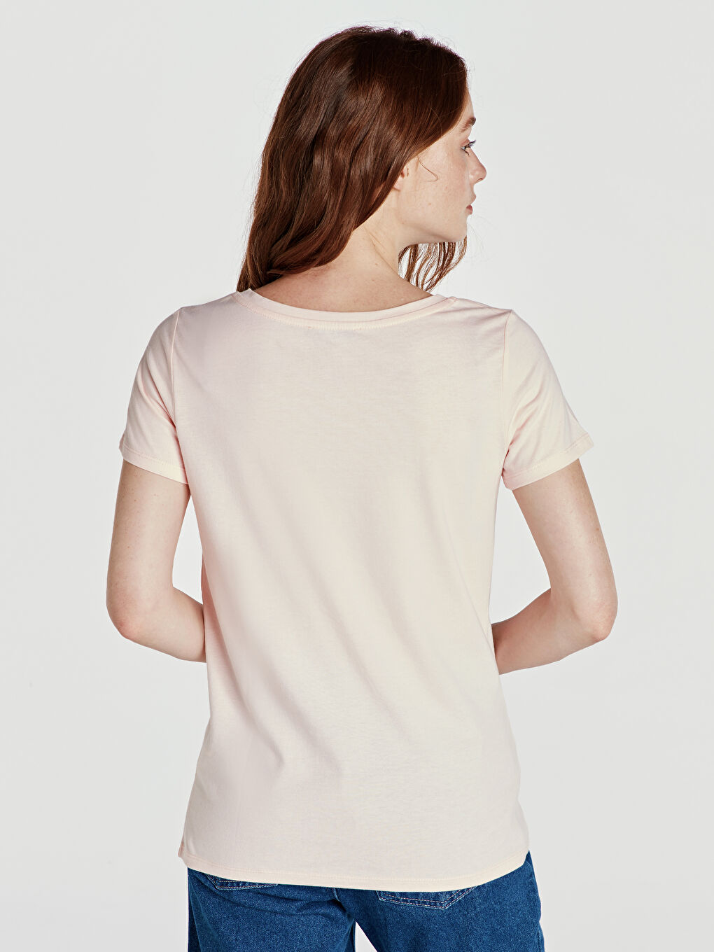 Pembe Bisiklet Yaka Kısa Kollu Kadın Tişört-2