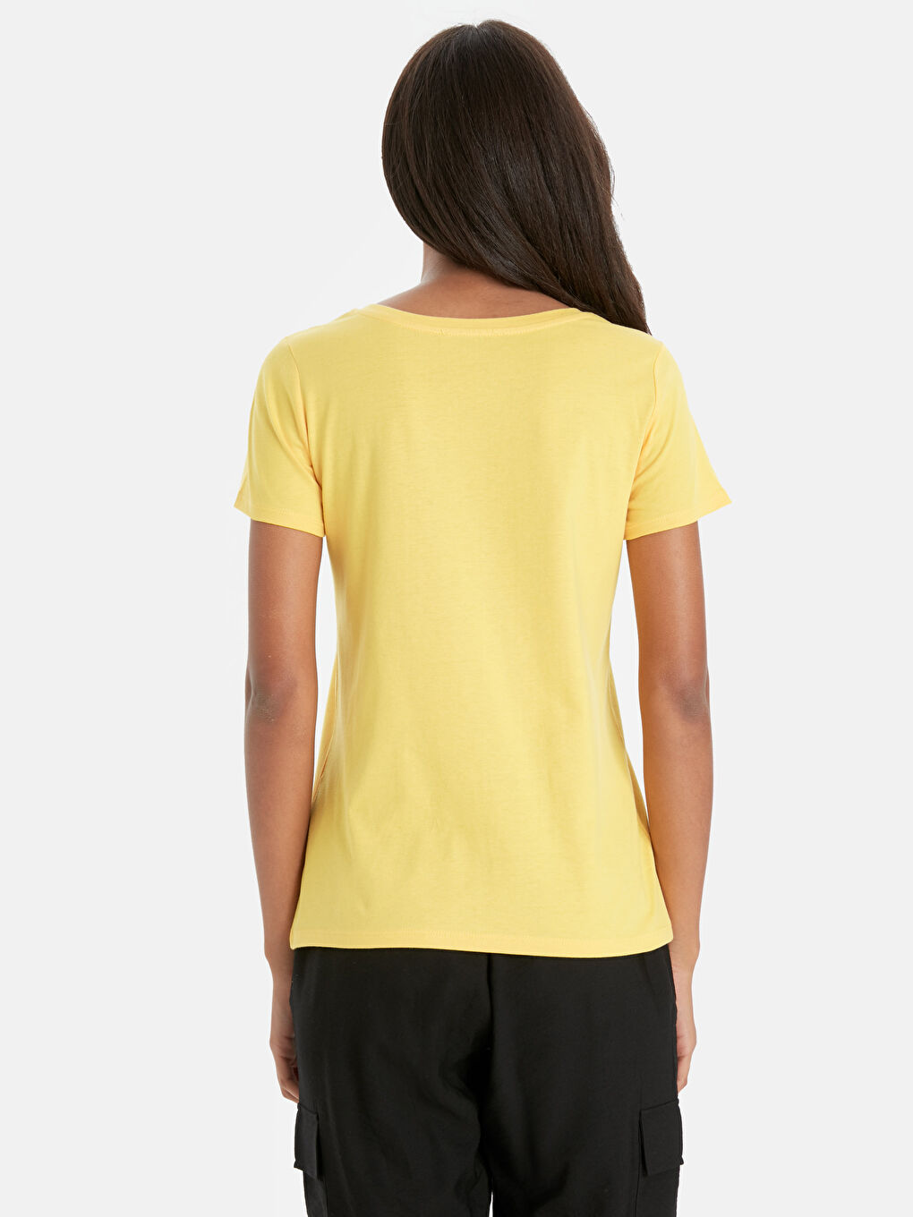 Sarı Bisiklet Yaka Kısa Kollu Kadın Tişört-2