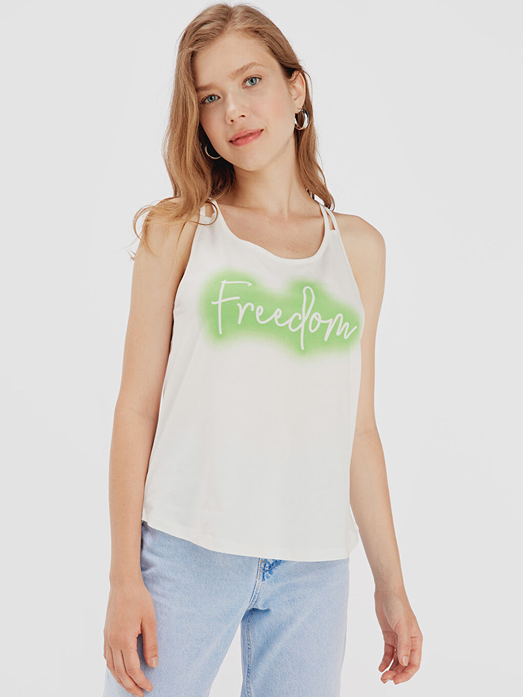 Ekru U Yaka Askılı Penye Kadın Atlet