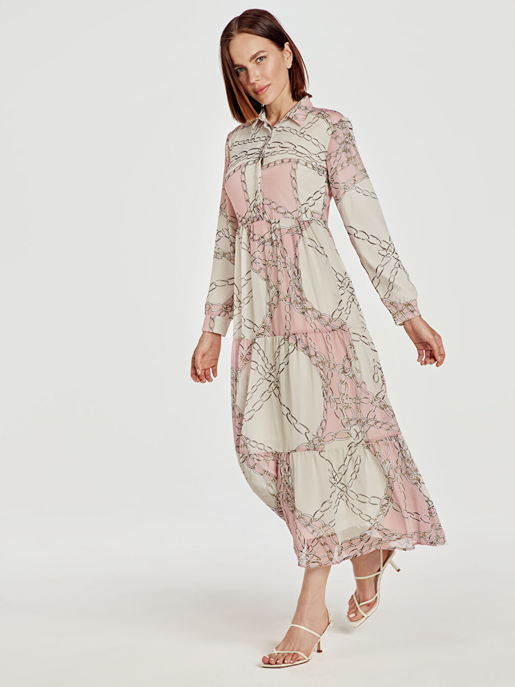 Pembe Uzun Kollu Şifon Kadın Elbise