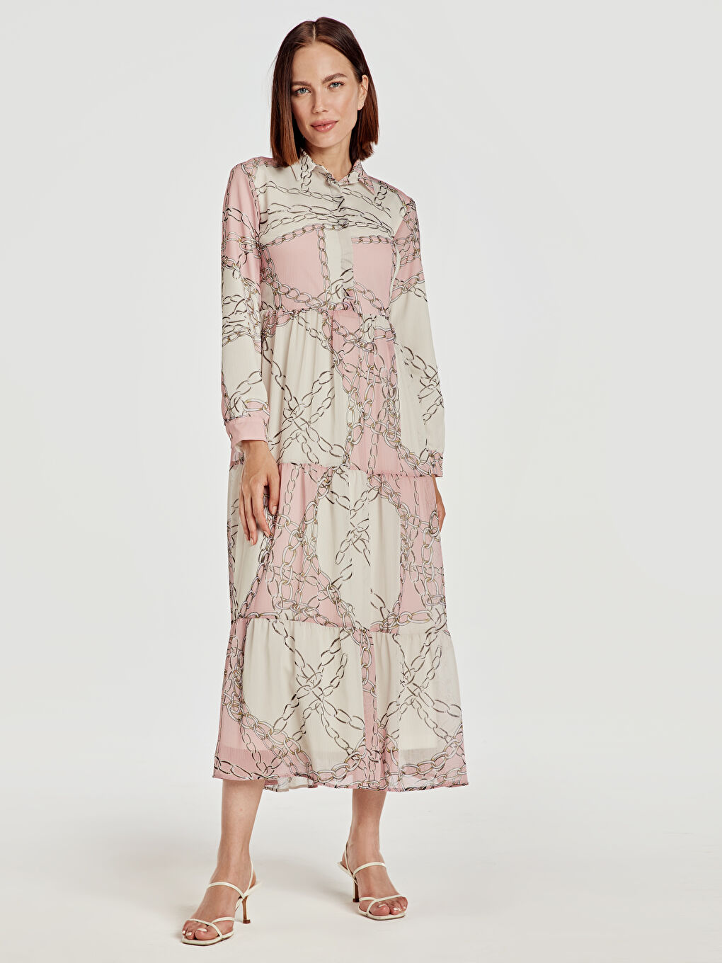 Pembe Uzun Kollu Şifon Kadın Elbise-1