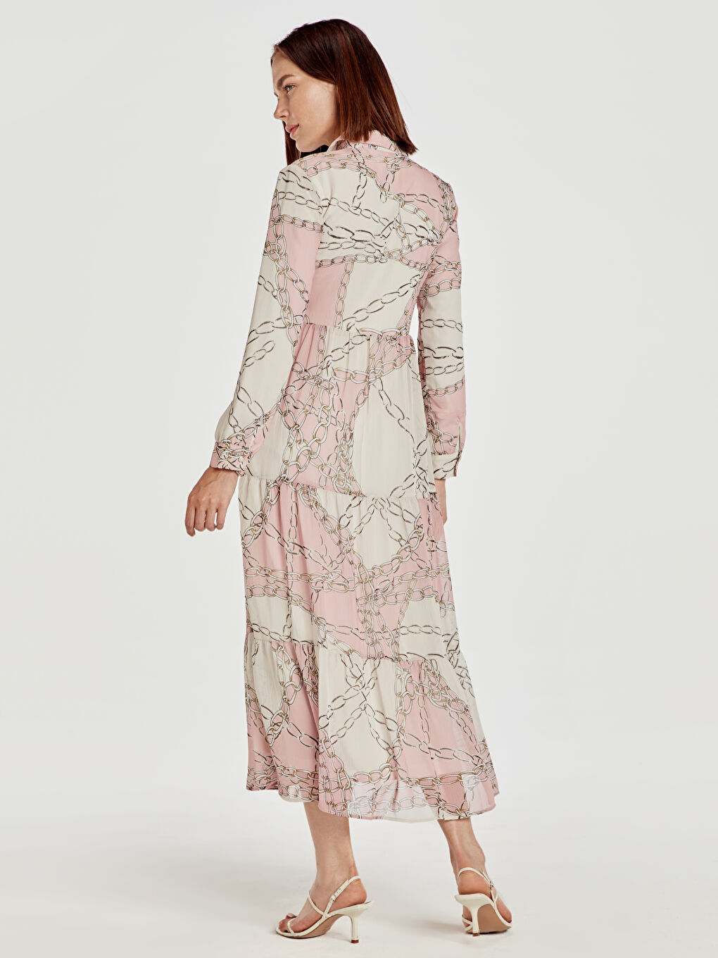 Pembe Uzun Kollu Şifon Kadın Elbise-2