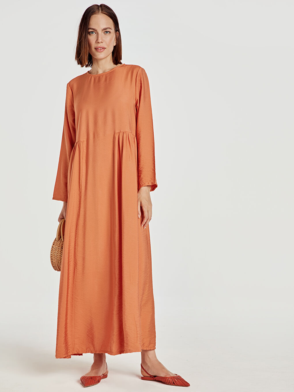 Turuncu Uzun Kollu Kadın Elbise-1