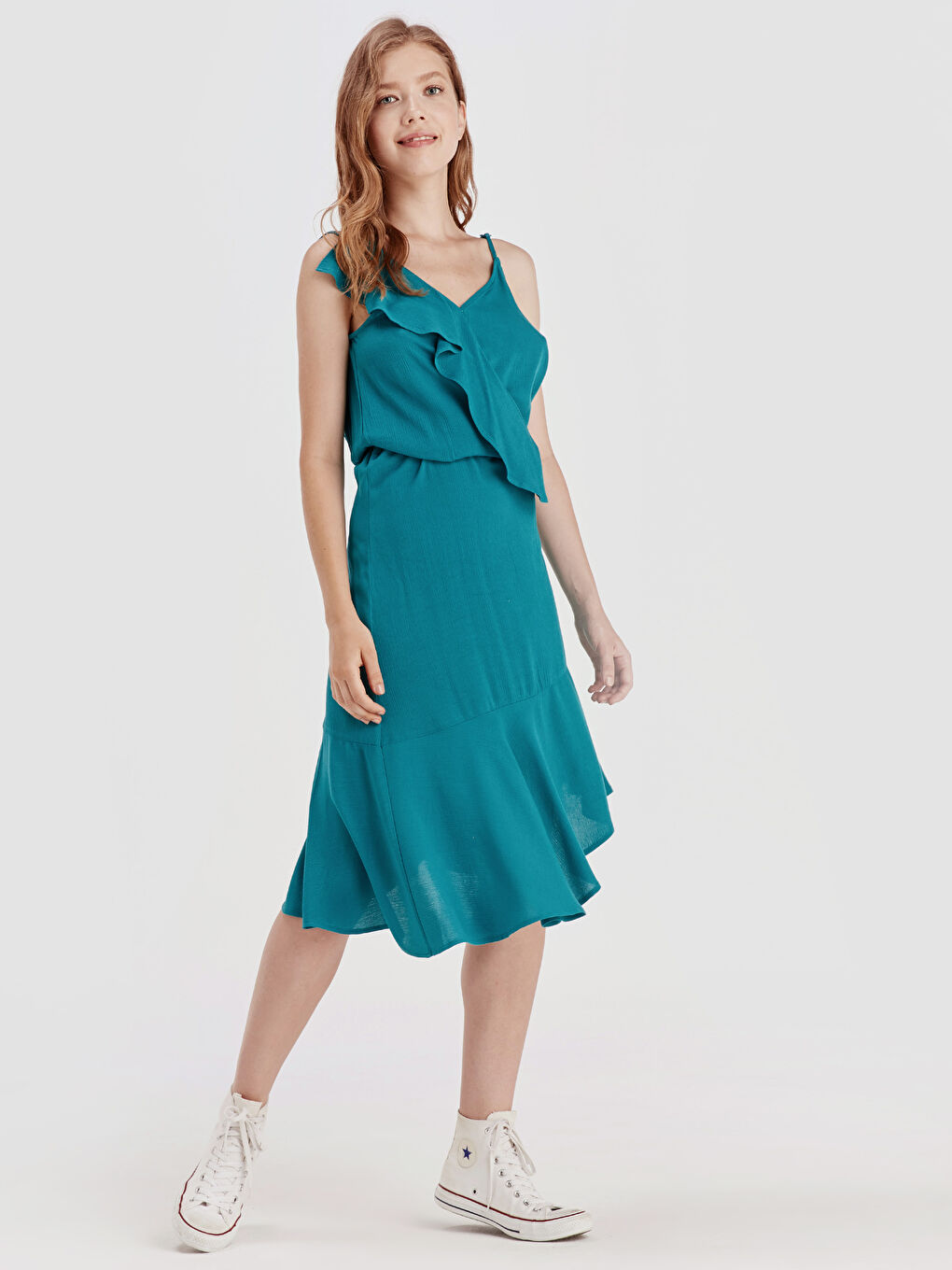 Turkuaz V Yaka Askılı Kadın Elbise