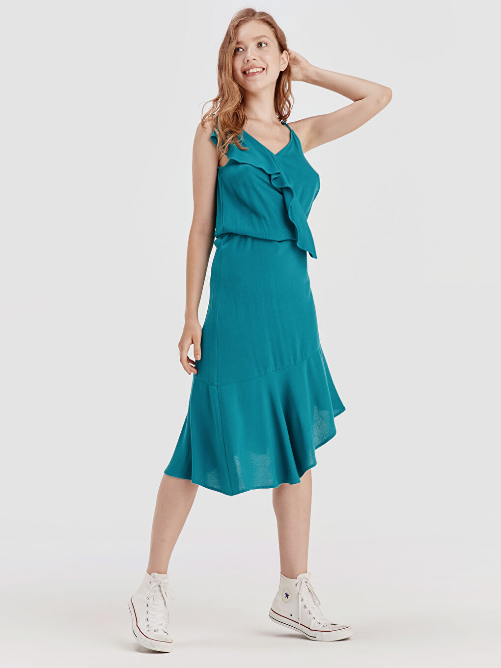 Turkuaz V Yaka Askılı Kadın Elbise-1