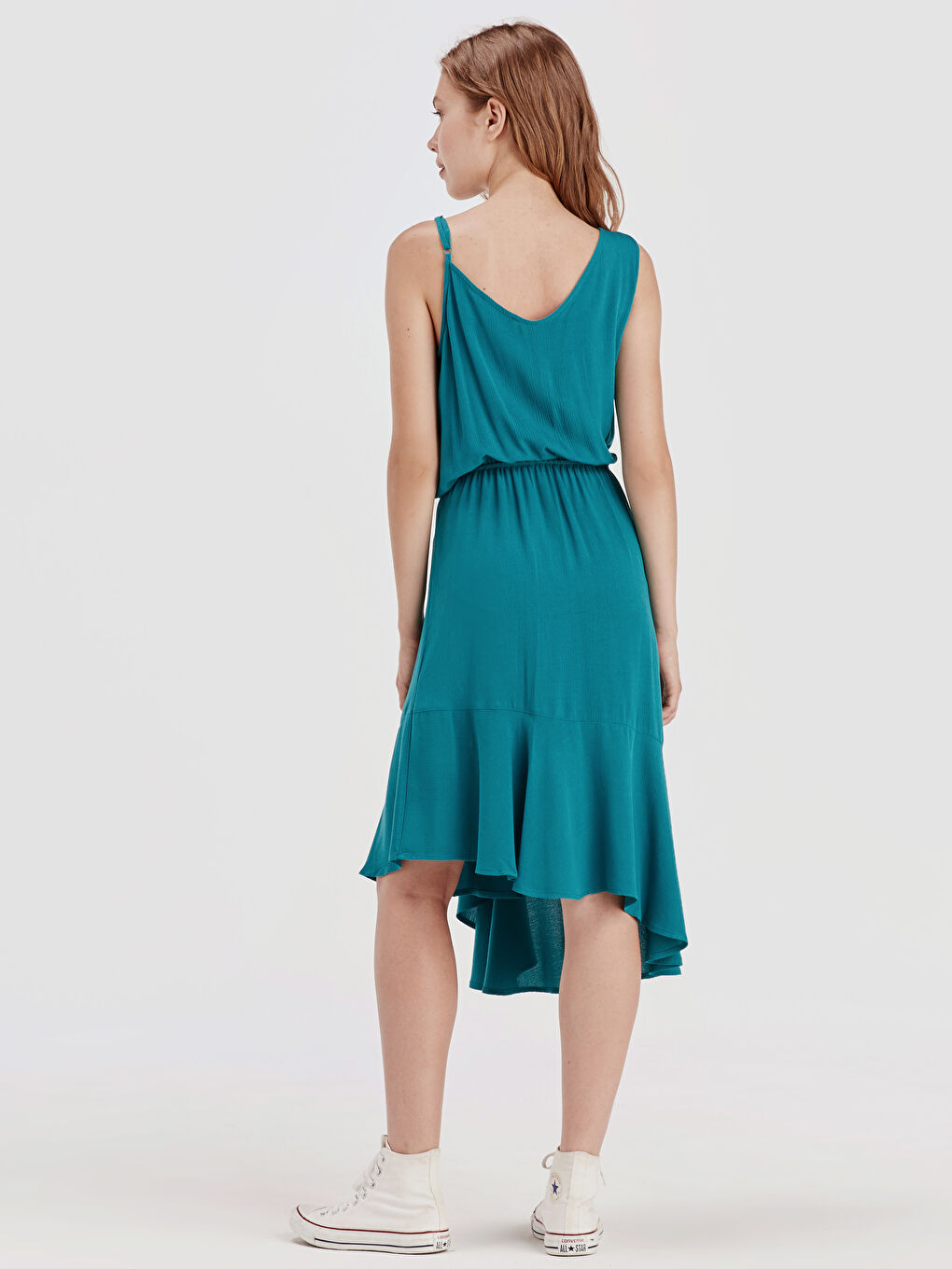 Turkuaz V Yaka Askılı Kadın Elbise-2