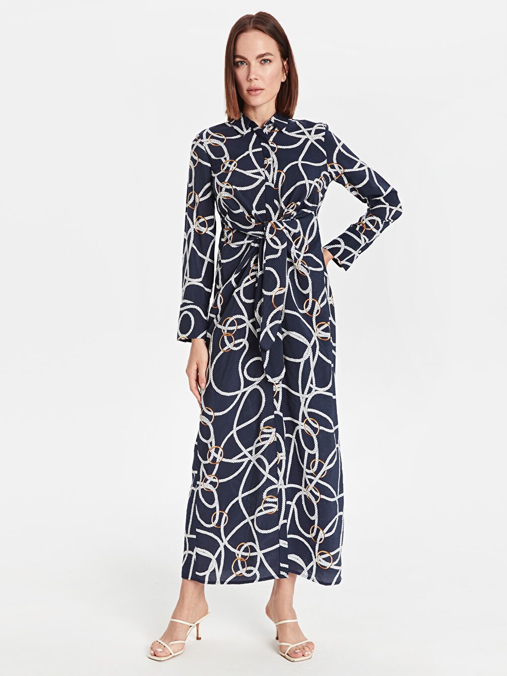 Lacivert Gömlek Yaka Uzun Kollu Bağlama Detaylı Poplin Kadın Elbise