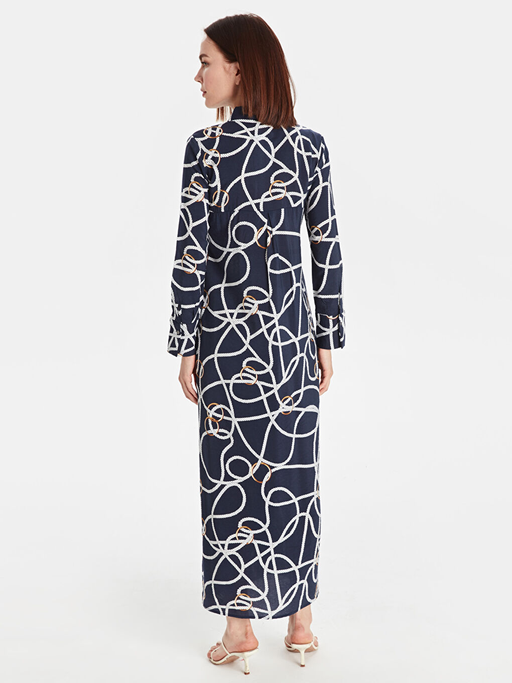 Lacivert Gömlek Yaka Uzun Kollu Bağlama Detaylı Poplin Kadın Elbise-1