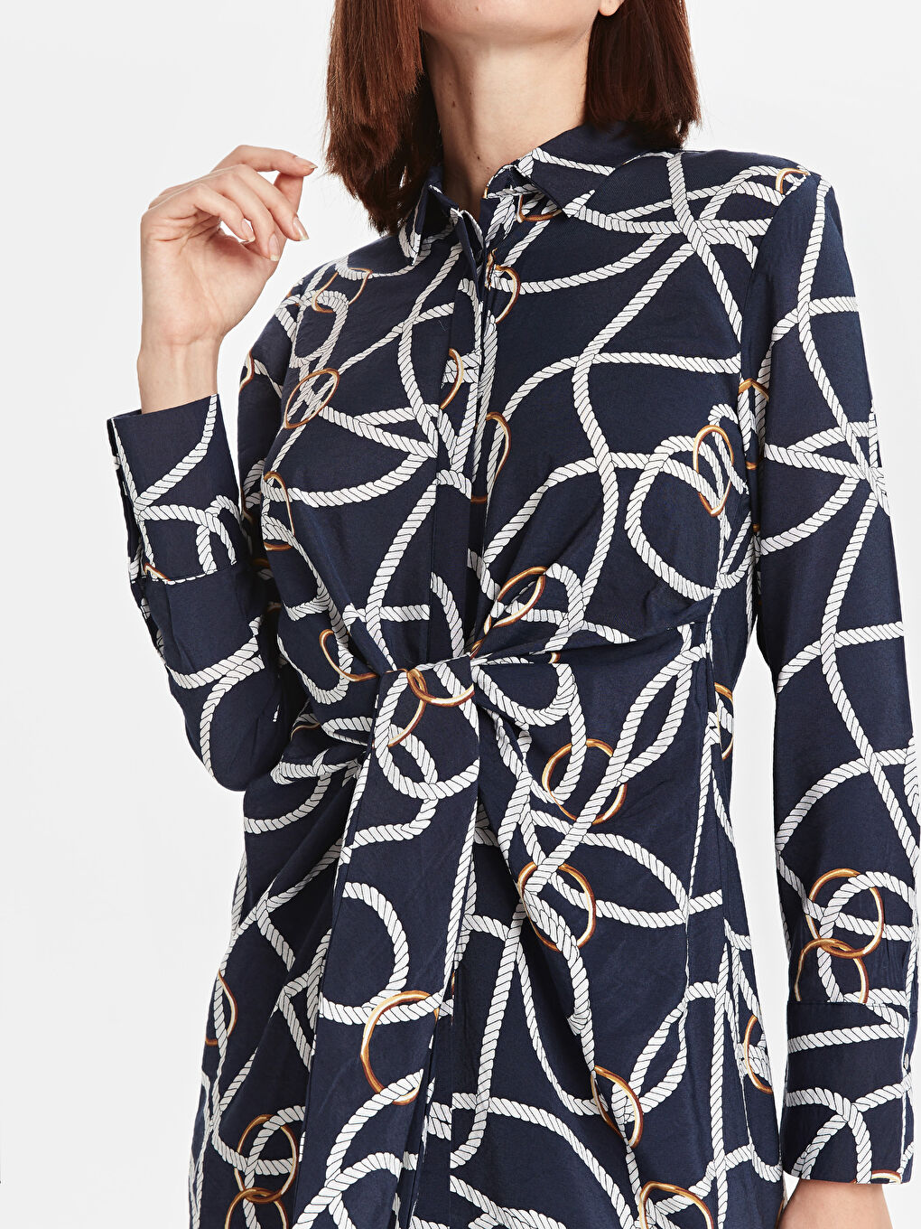 Lacivert Gömlek Yaka Uzun Kollu Bağlama Detaylı Poplin Kadın Elbise-2