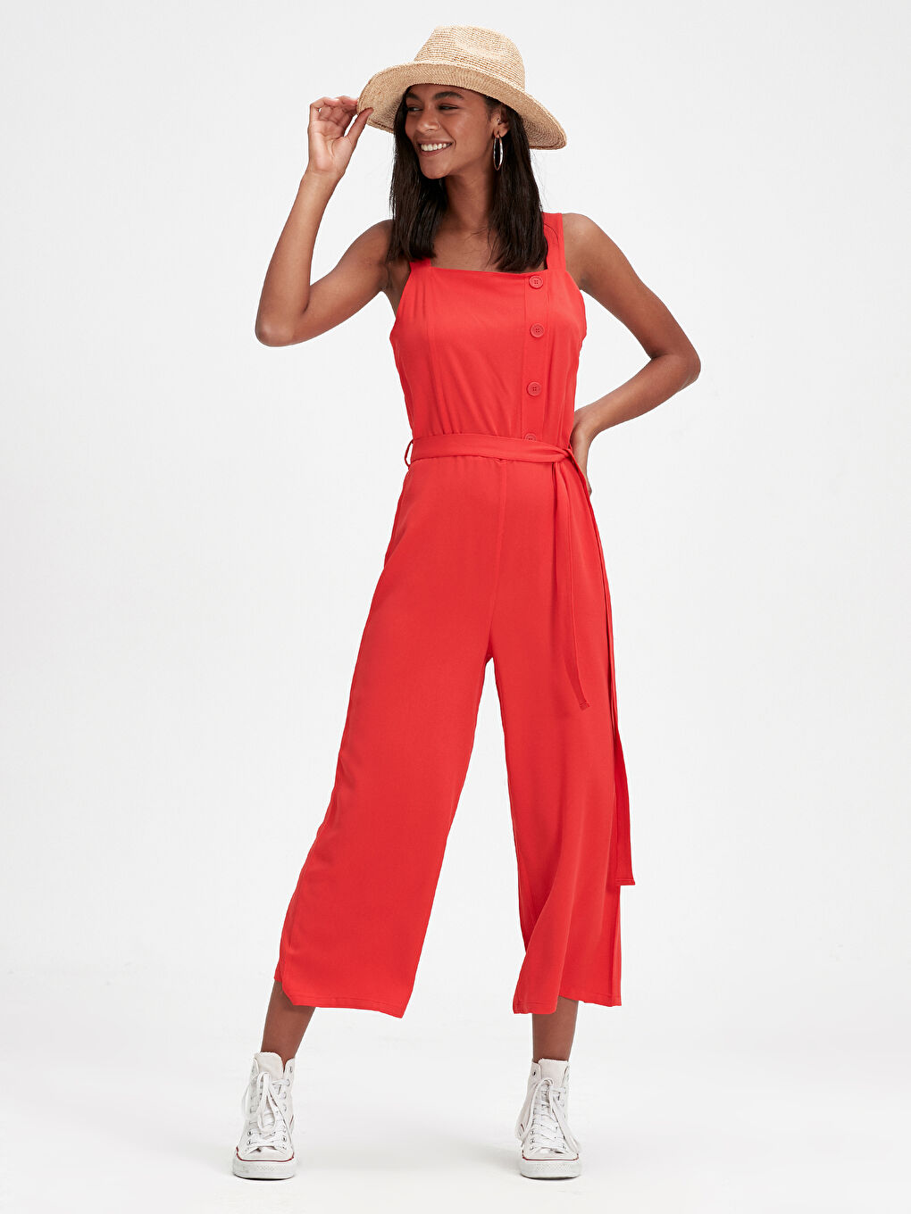 Kırmızı Kuşaklı Viskon Kadın Tulum-1