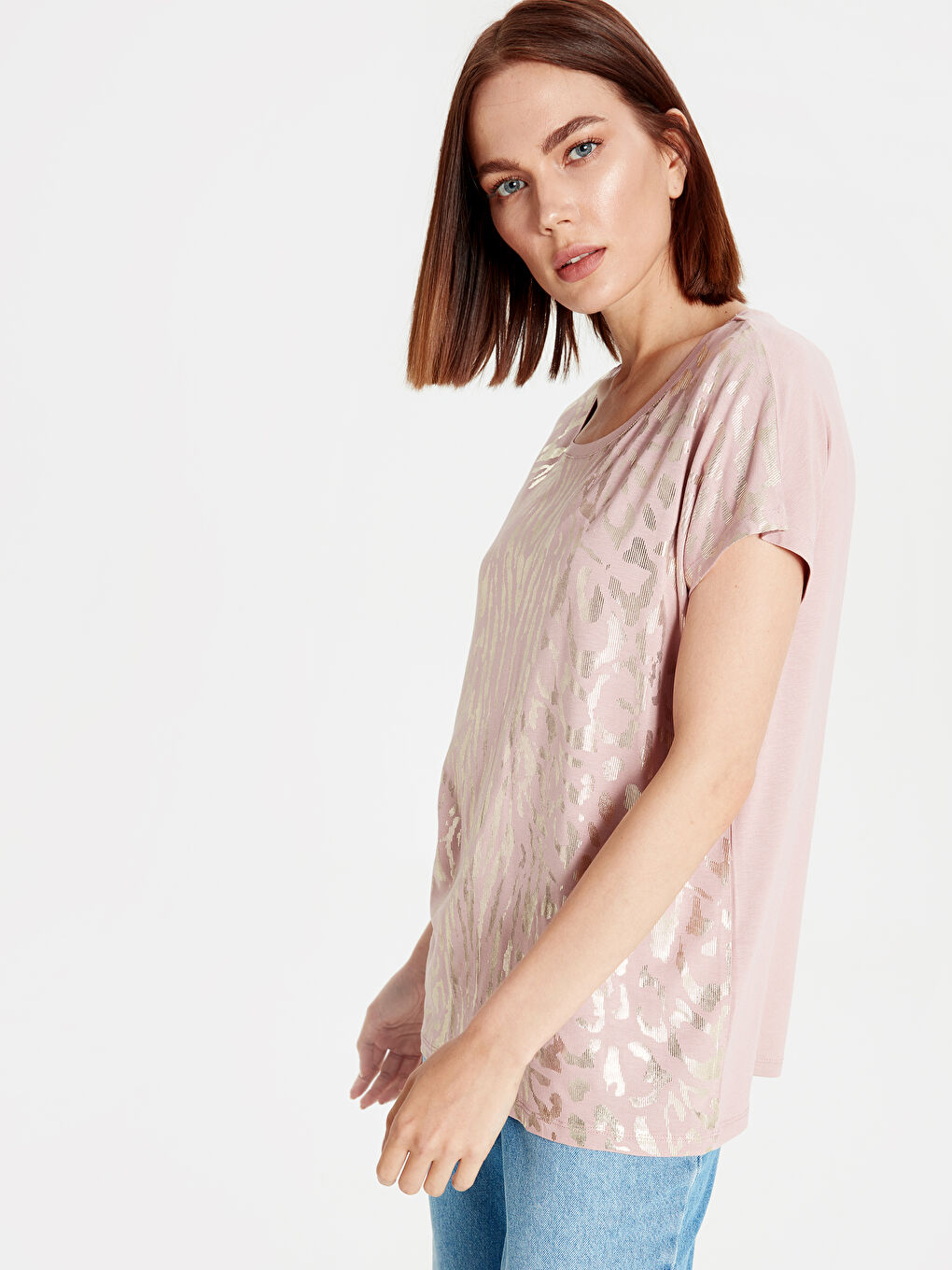 Pembe Bisiklet Yaka Kısa Kollu Kadın Tişört-1