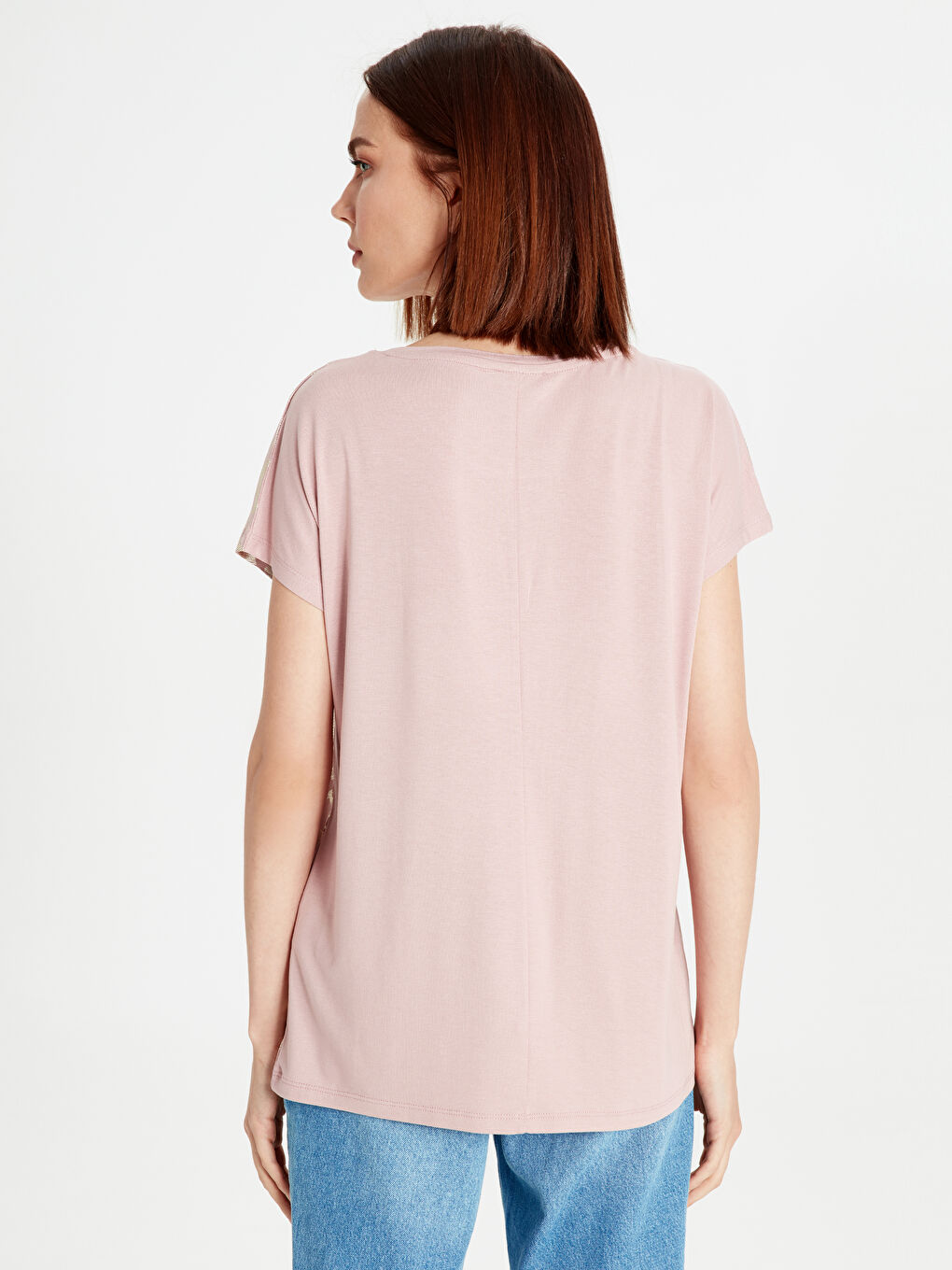 Pembe Bisiklet Yaka Kısa Kollu Kadın Tişört-2