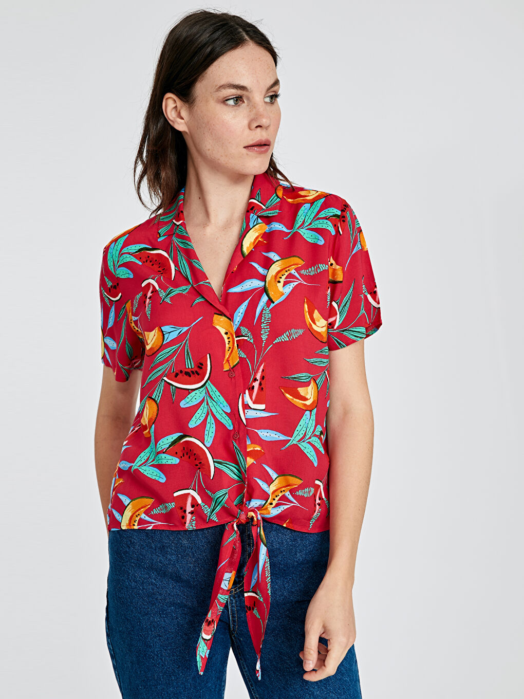 Fuşya Gömlek Yaka Standart Fit Kısa Kollu Kadın Gömlek-1