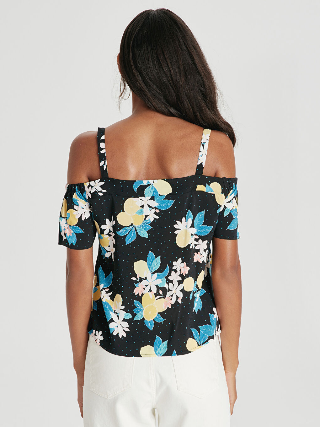 Siyah Çiçek Desenli Askılı Viskon Kadın Bluz-2