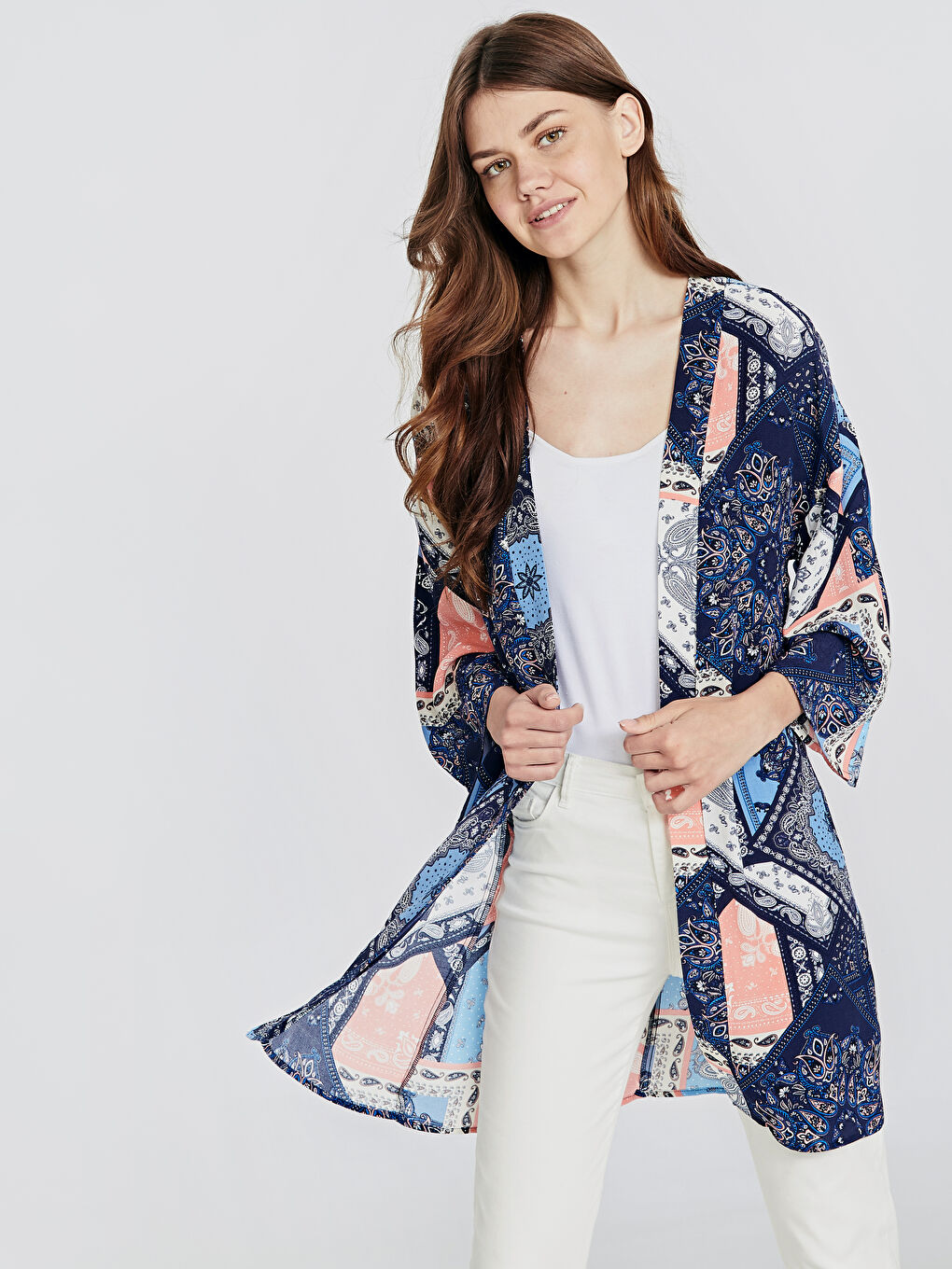 Mavi Gömlek Yaka Uzun Kollu Kadın Kimono