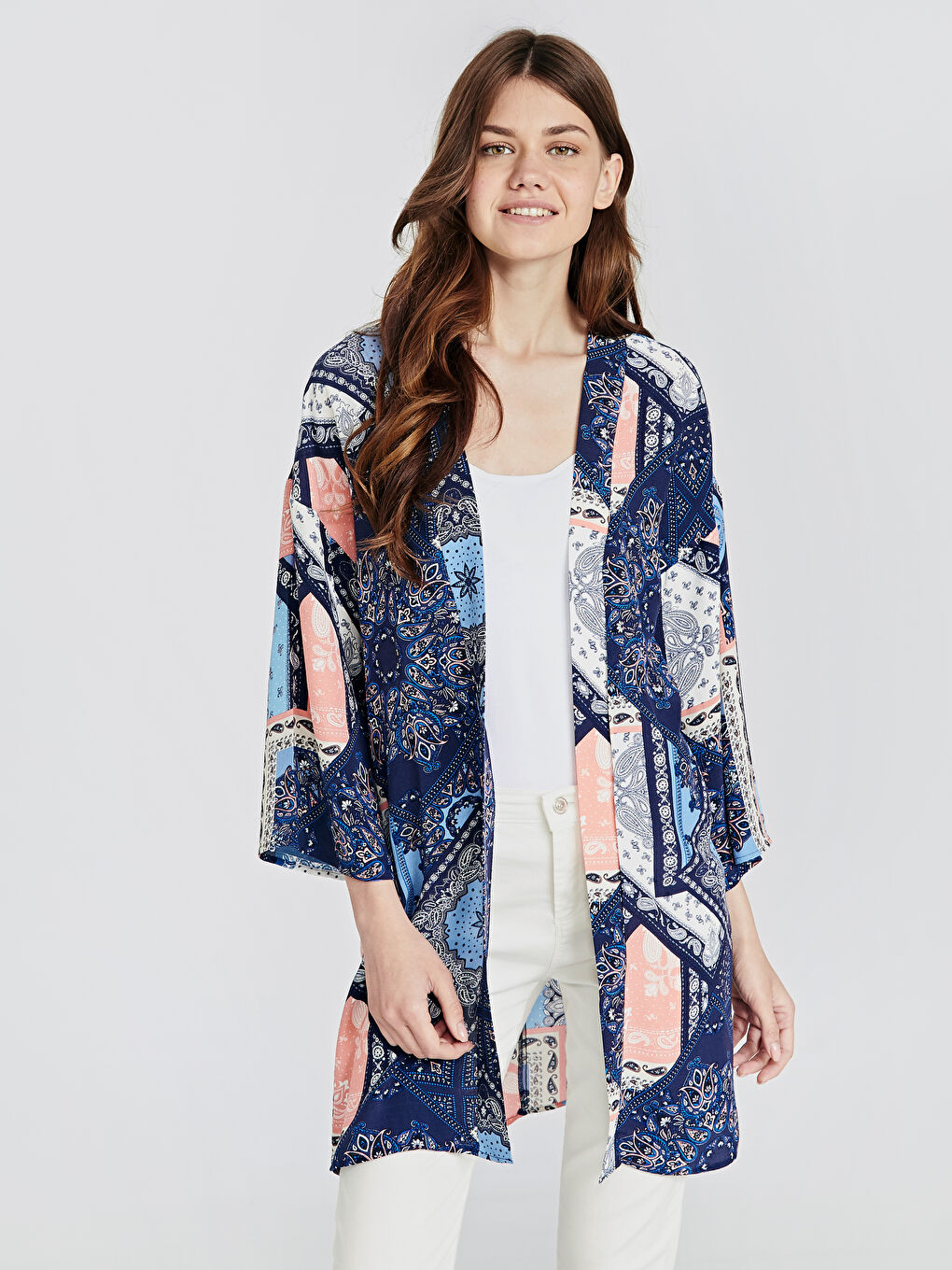 Mavi Gömlek Yaka Uzun Kollu Kadın Kimono-1