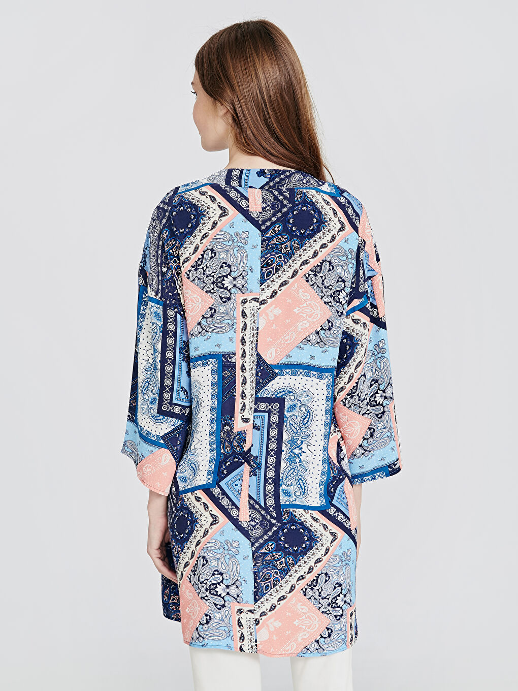 Mavi Gömlek Yaka Uzun Kollu Kadın Kimono-2