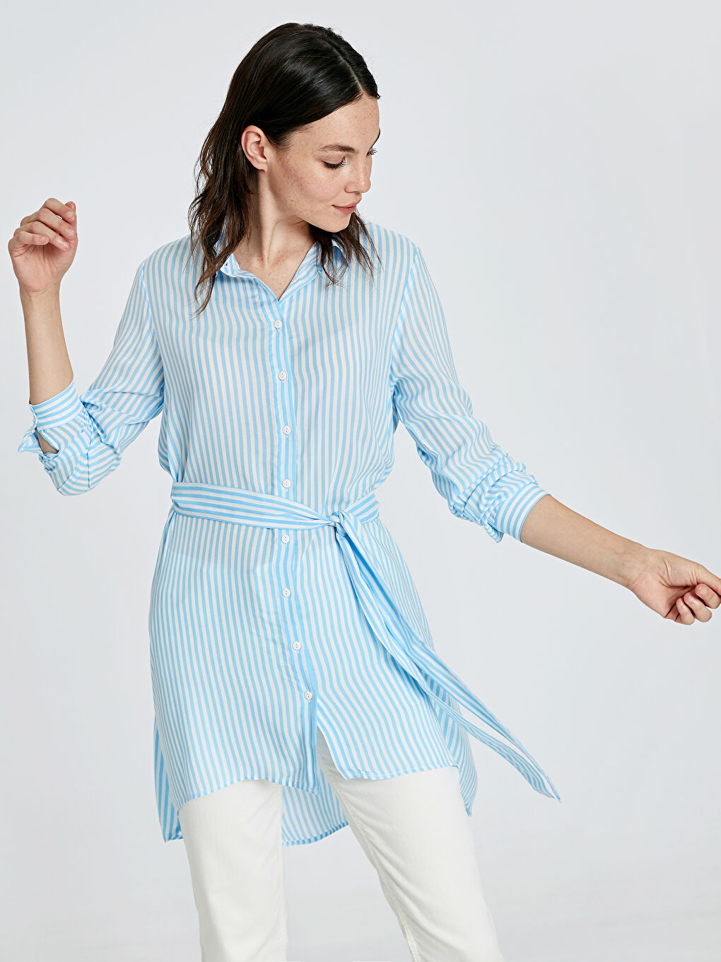 Mavi Uzun Kollu Kadın Gömlek Tunik