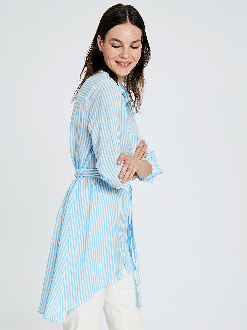 Mavi Uzun Kollu Kadın Gömlek Tunik-1