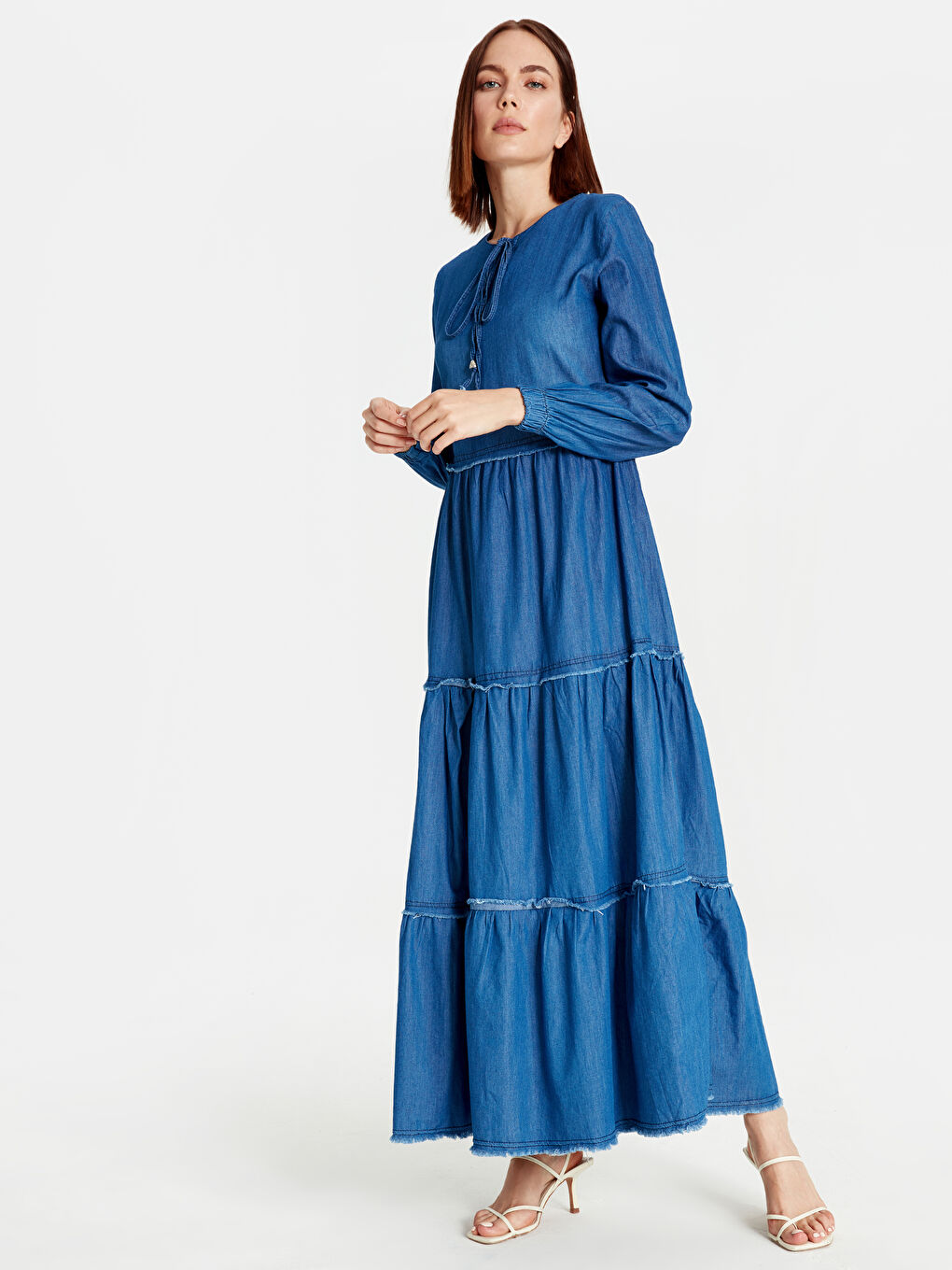 İndigo Uzun Kollu Kadın Jean Elbise-1