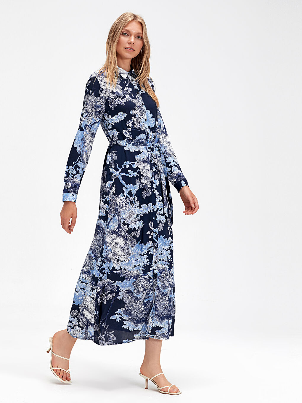 Lacivert Standart Fit Uzun Kollu Kadın Gömlek Elbise