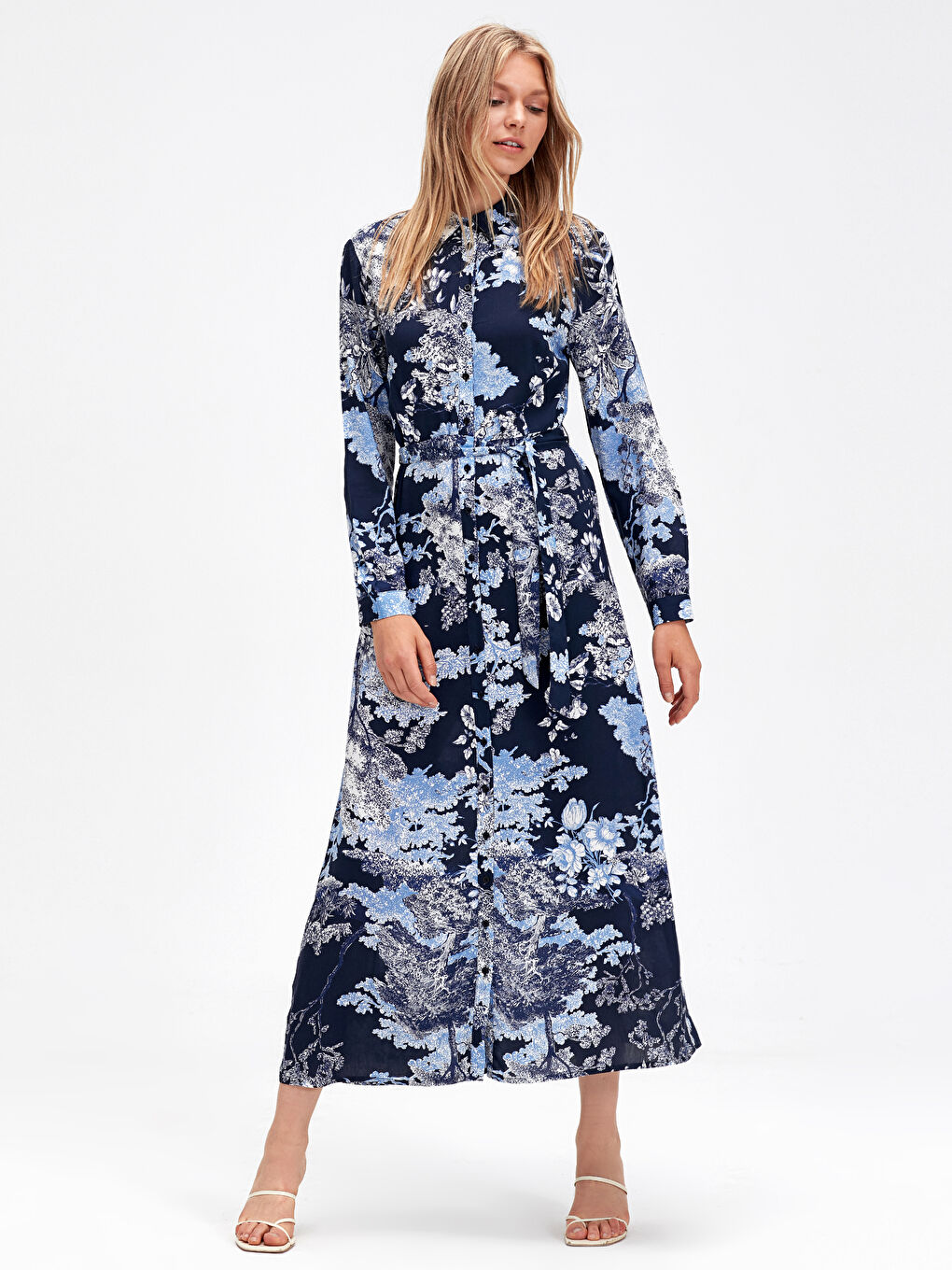 Lacivert Standart Fit Uzun Kollu Kadın Gömlek Elbise-1