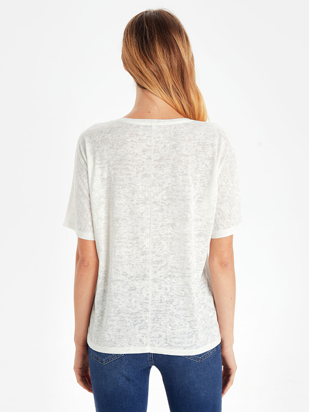 Beyaz Bisiklet Yaka Kısa Kollu Kadın Tişört-2