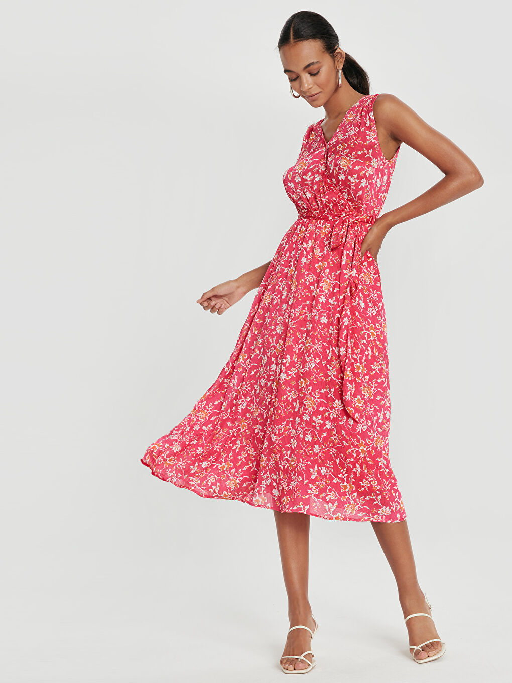 Fuşya V Yaka Standart Fit Askılı Kadın Elbise