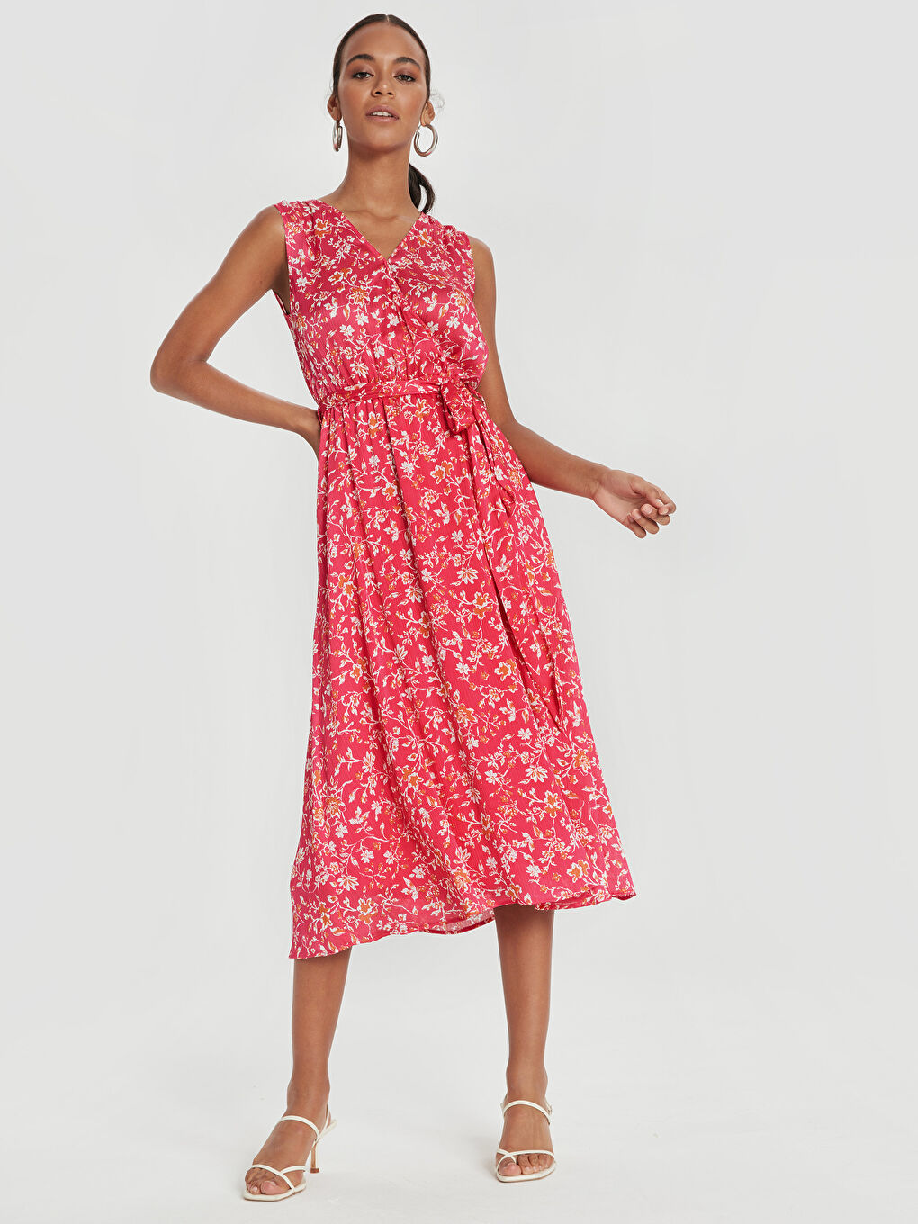 Fuşya V Yaka Standart Fit Askılı Kadın Elbise-1