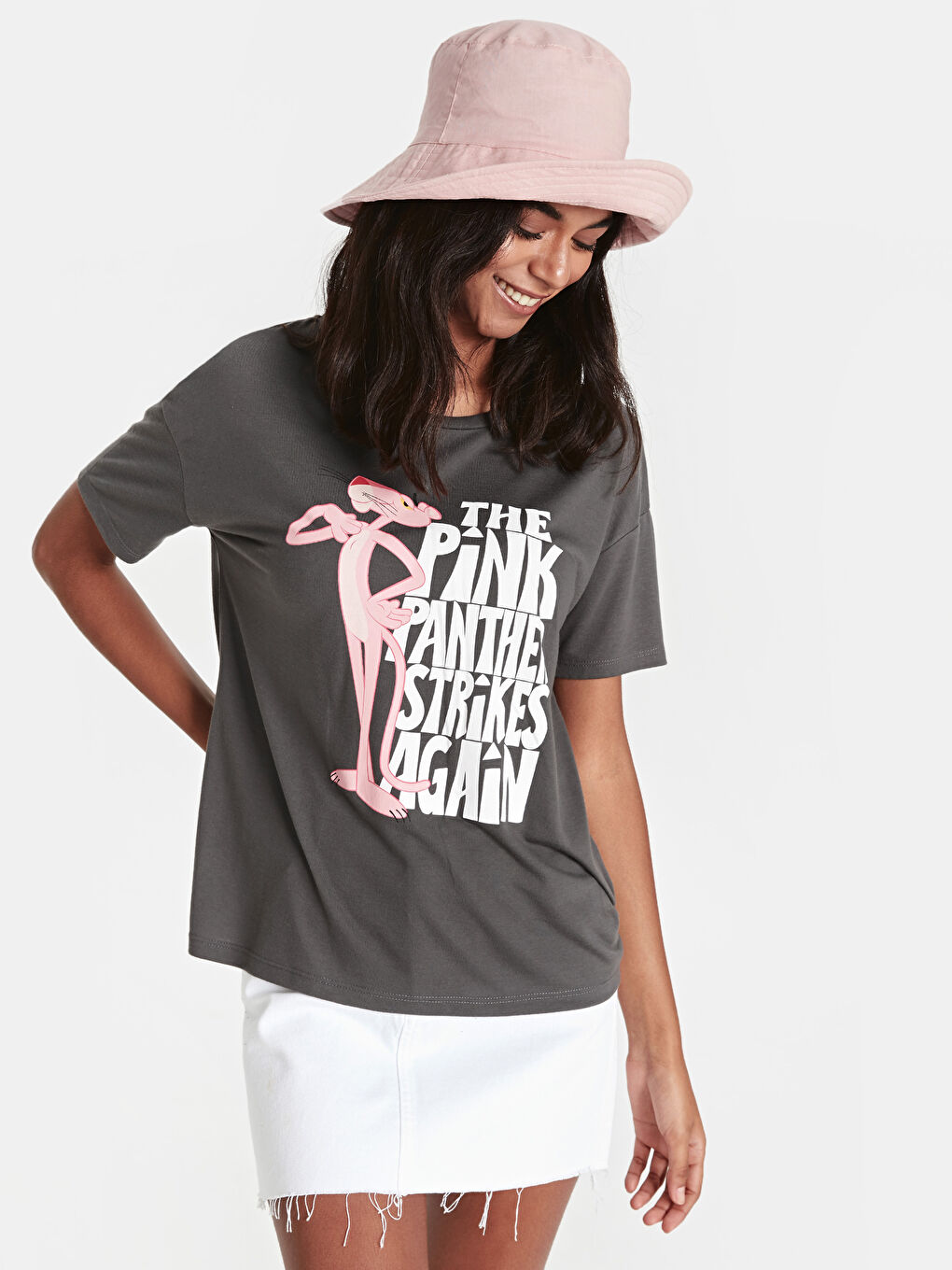 Antrasit U Yaka Kısa Kollu Kadın Tişört