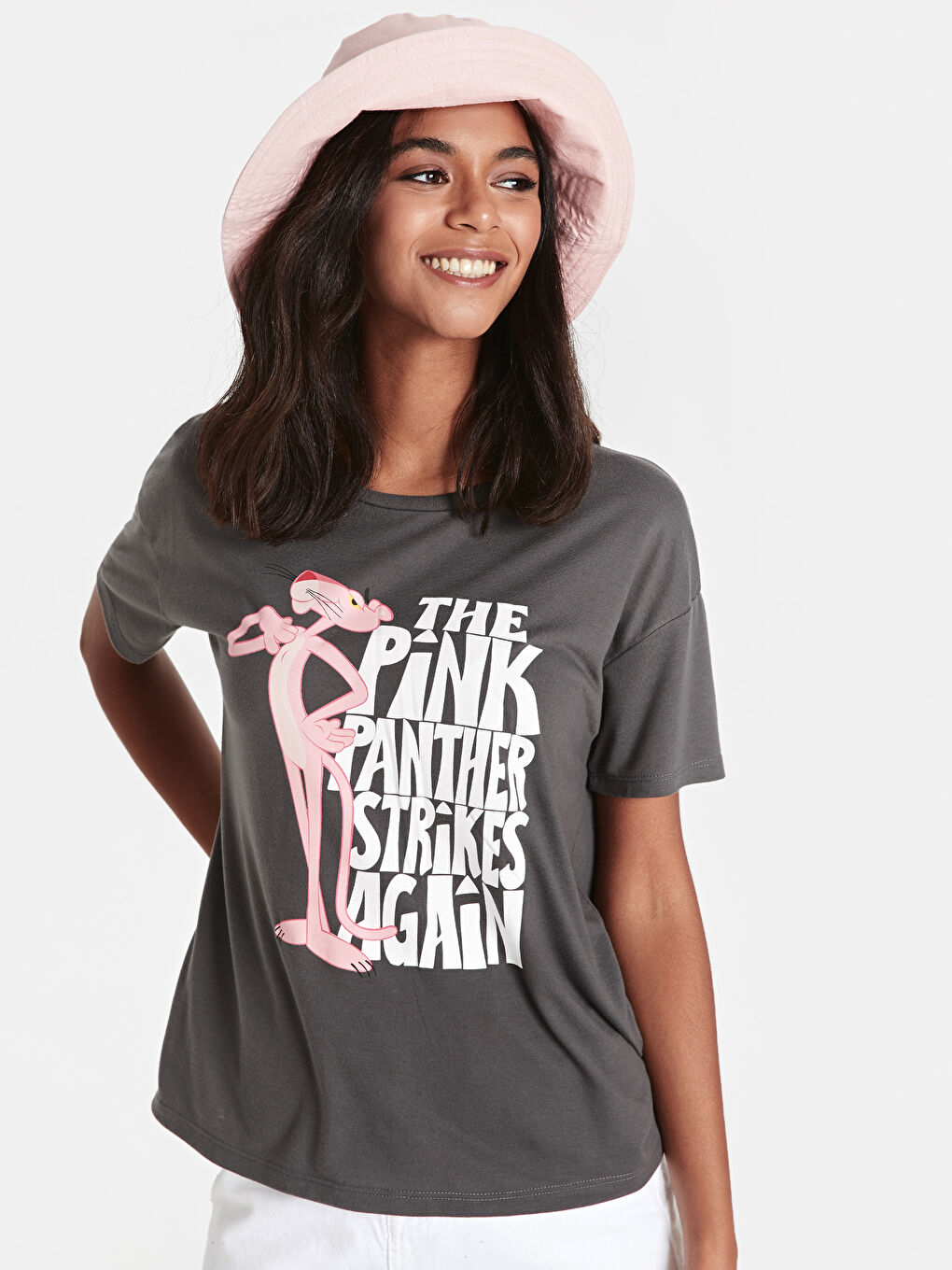 Antrasit U Yaka Kısa Kollu Kadın Tişört-1